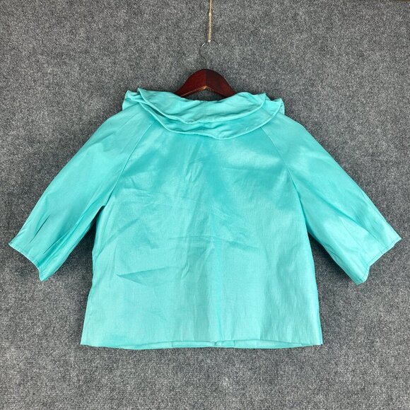 Samuel Dong Top Womens Medium Blue Button Up Peter Pan Collar 3/4 Sleeve Pockets - Picture 5 of 6